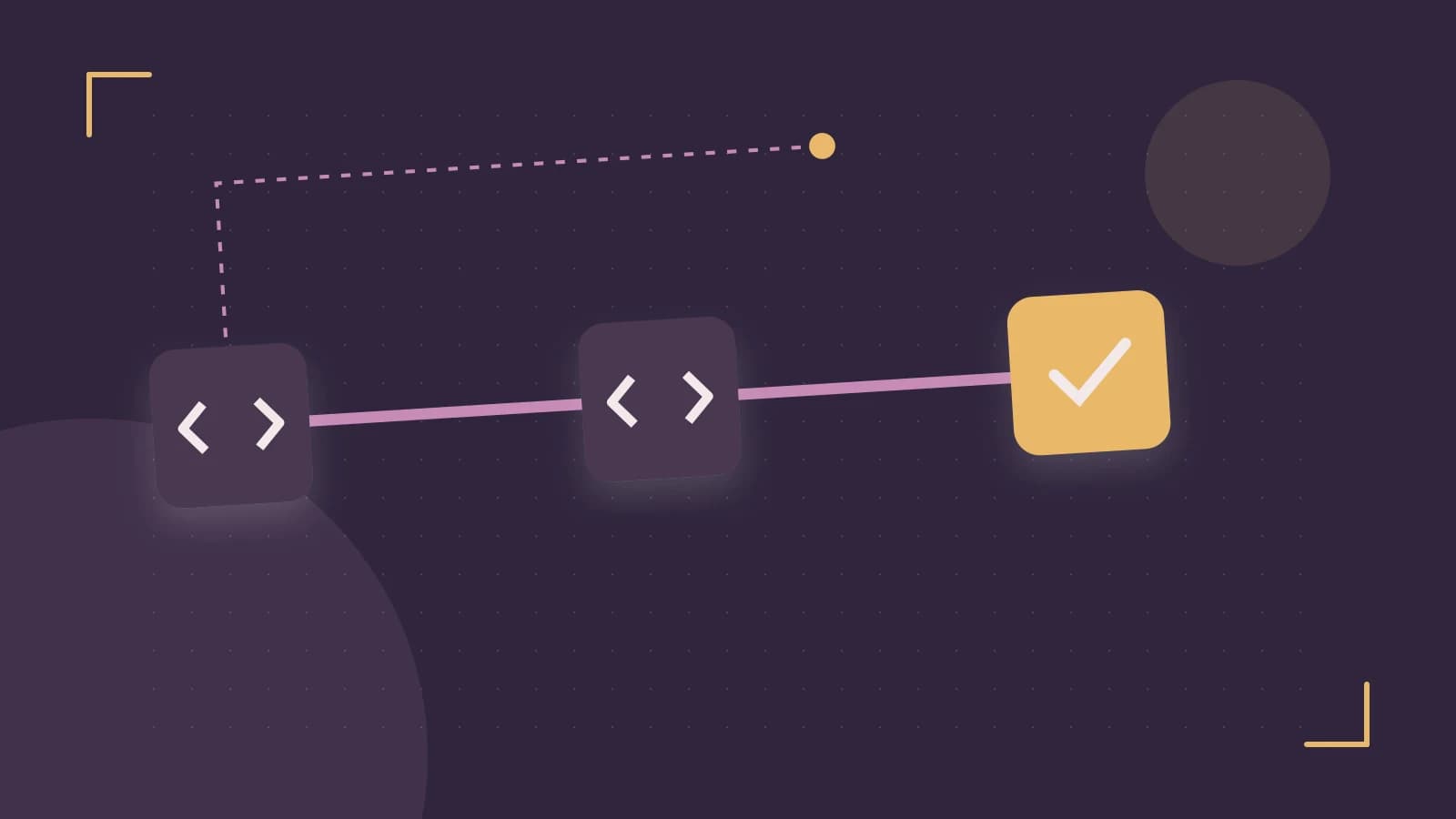 Editorial illustration of a branching build pipeline, staged transformations and a completed check