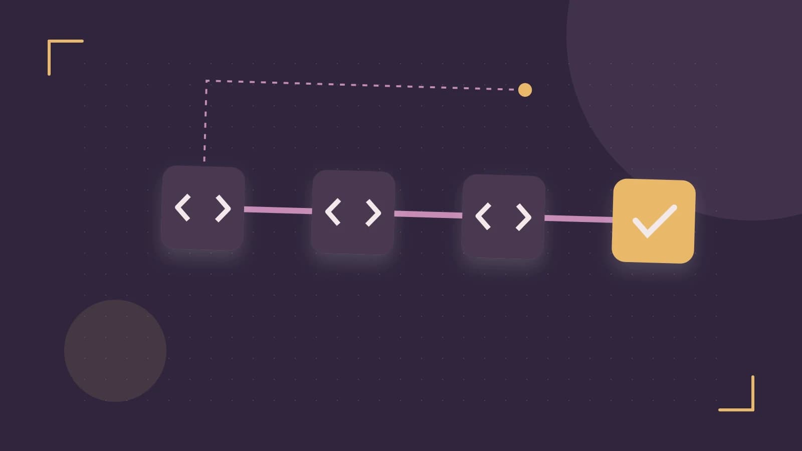 Editorial illustration of a branching build pipeline, staged transformations and a completed check