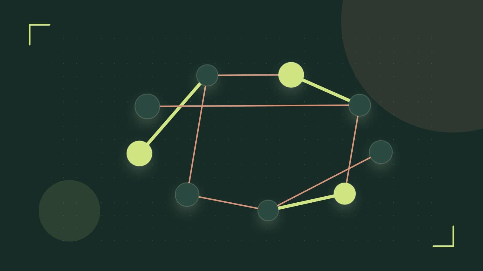 Editorial illustration of an algorithmic node graph with branching paths and a highlighted result