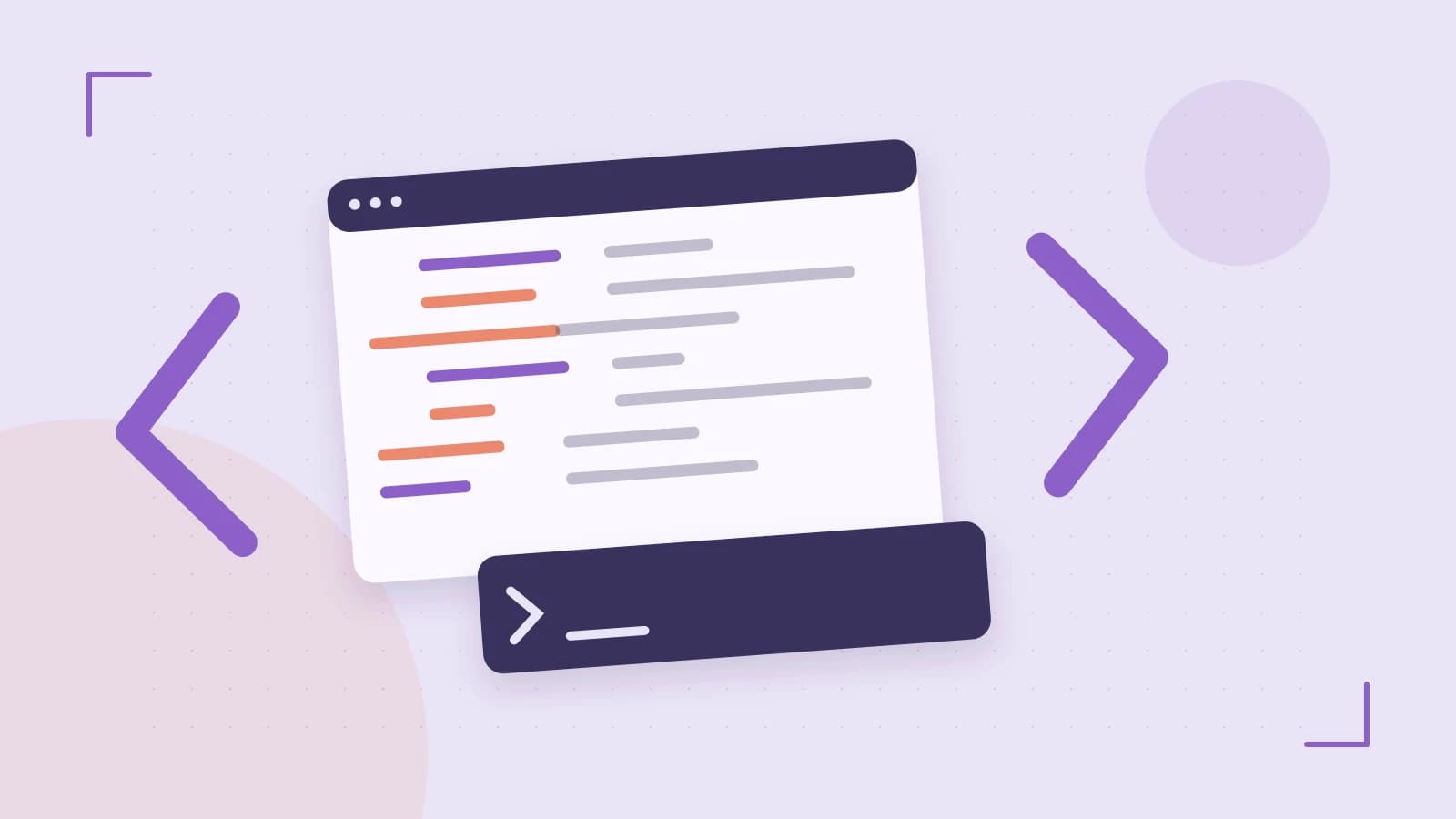 Editorial illustration of an abstract code editor, syntax blocks and oversized programming brackets
