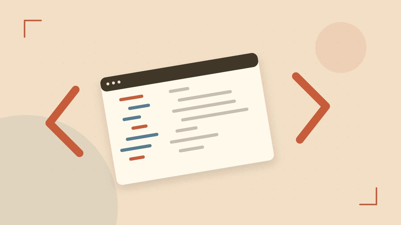 Editorial illustration of an abstract code editor, syntax blocks and oversized programming brackets