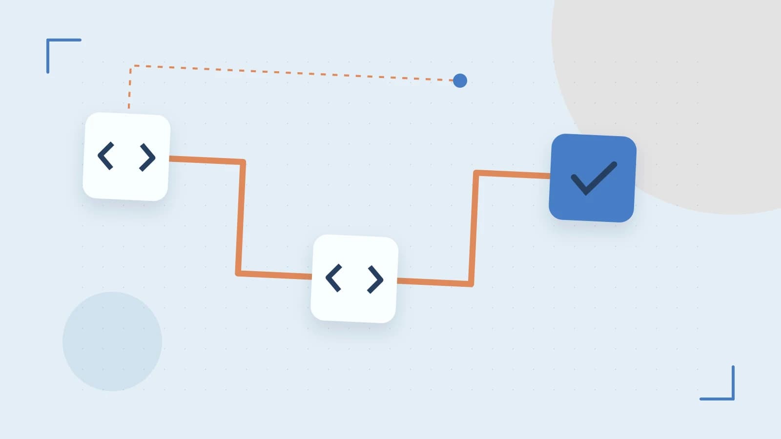 Editorial illustration of a branching build pipeline, staged transformations and a completed check
