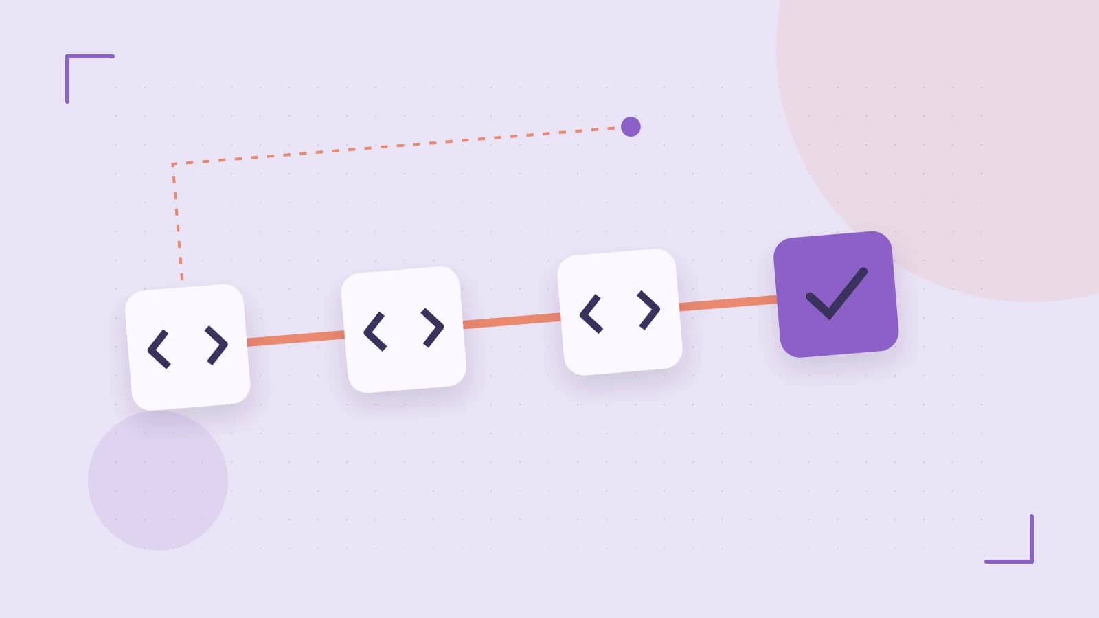 Editorial illustration of a branching build pipeline, staged transformations and a completed check