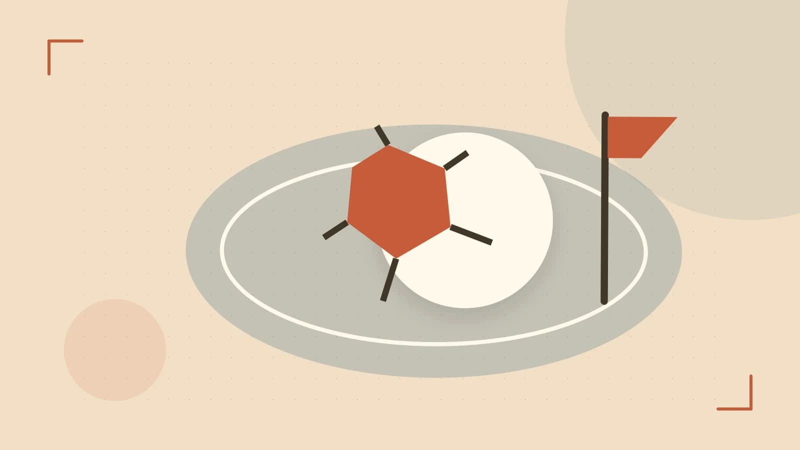 Editorial illustration of a stylized sports ball, stadium geometry and dynamic arcs