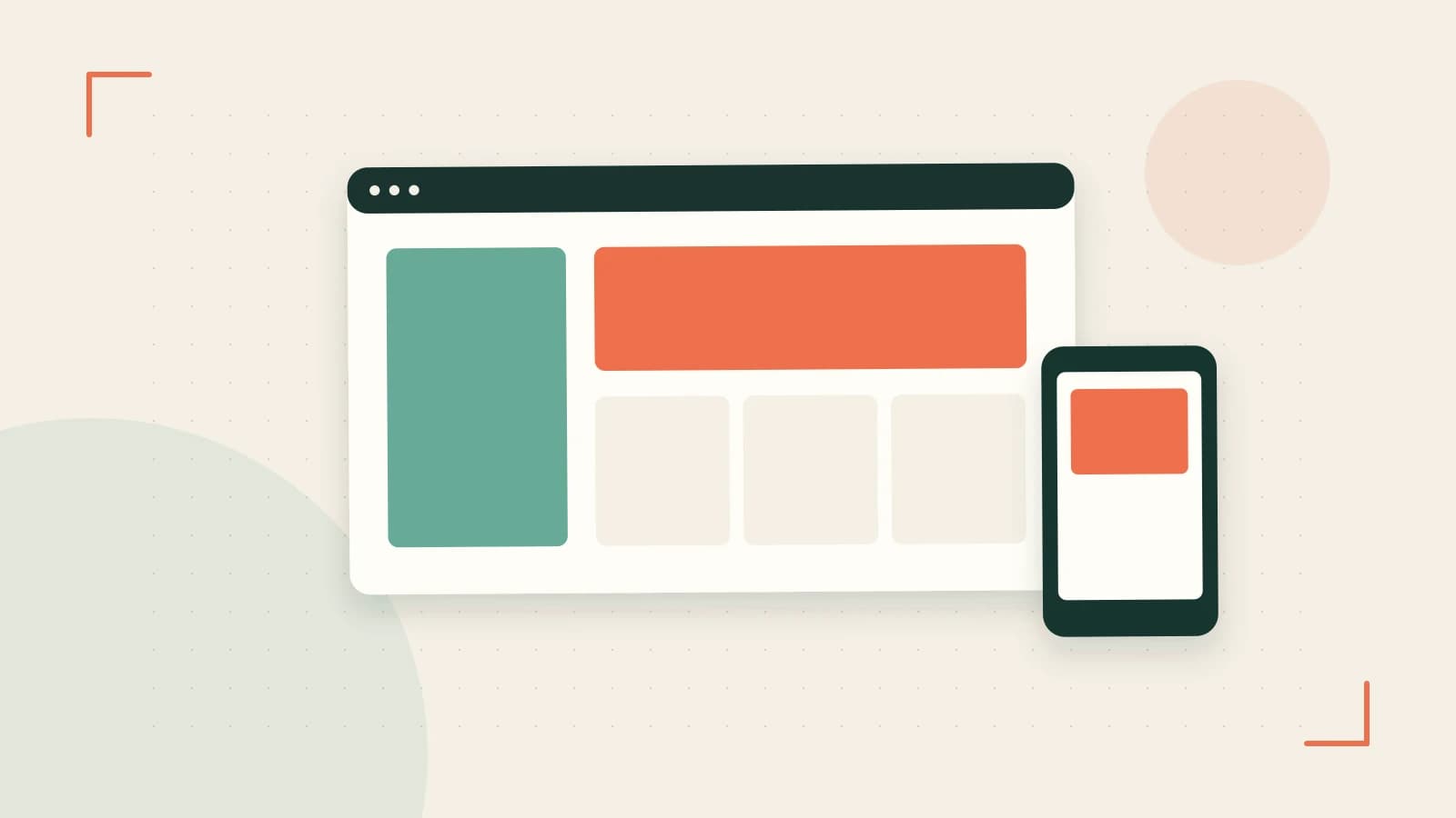 Editorial illustration of responsive browser layouts, overlapping design components and a color system