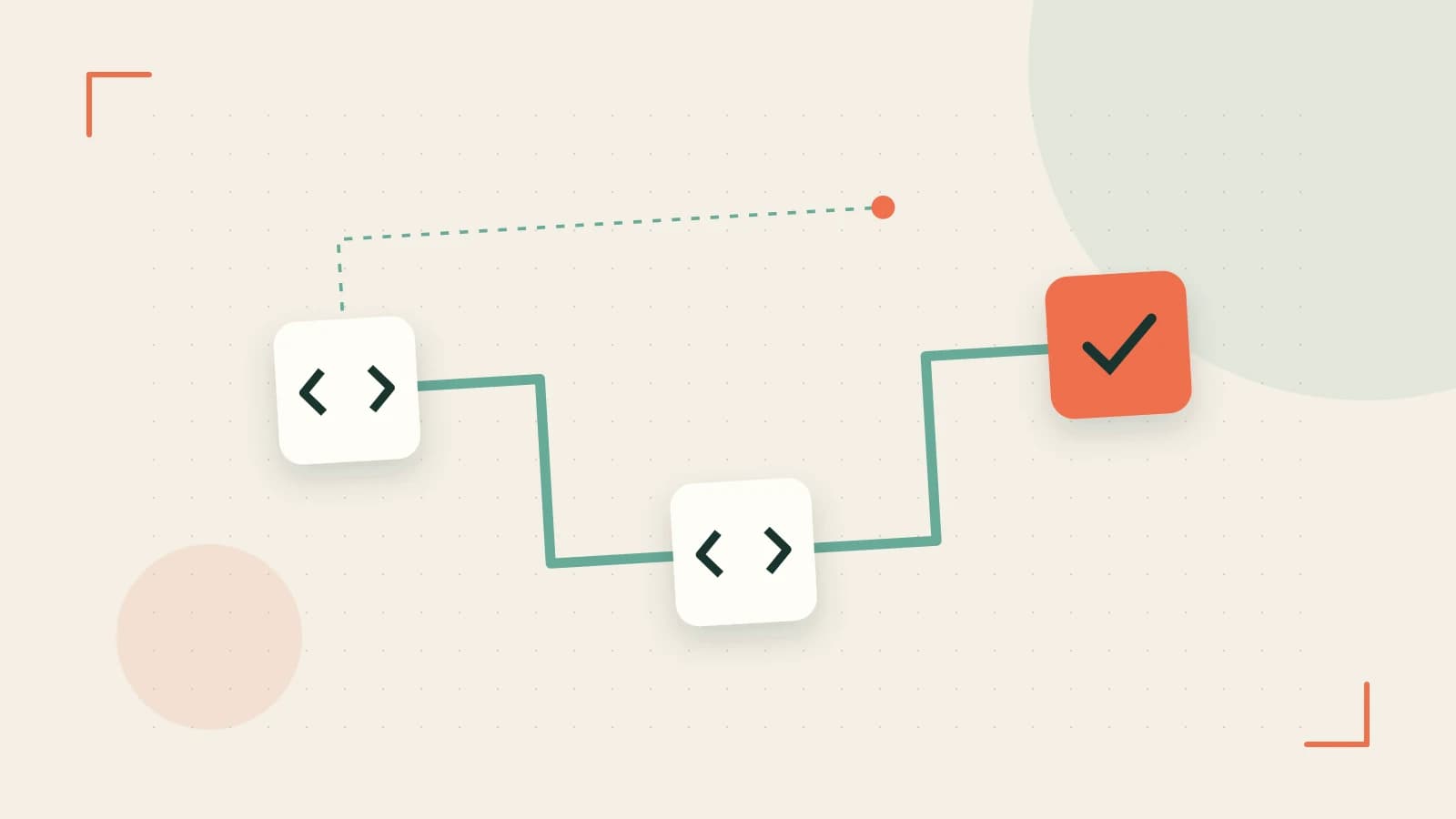 Editorial illustration of a branching build pipeline, staged transformations and a completed check