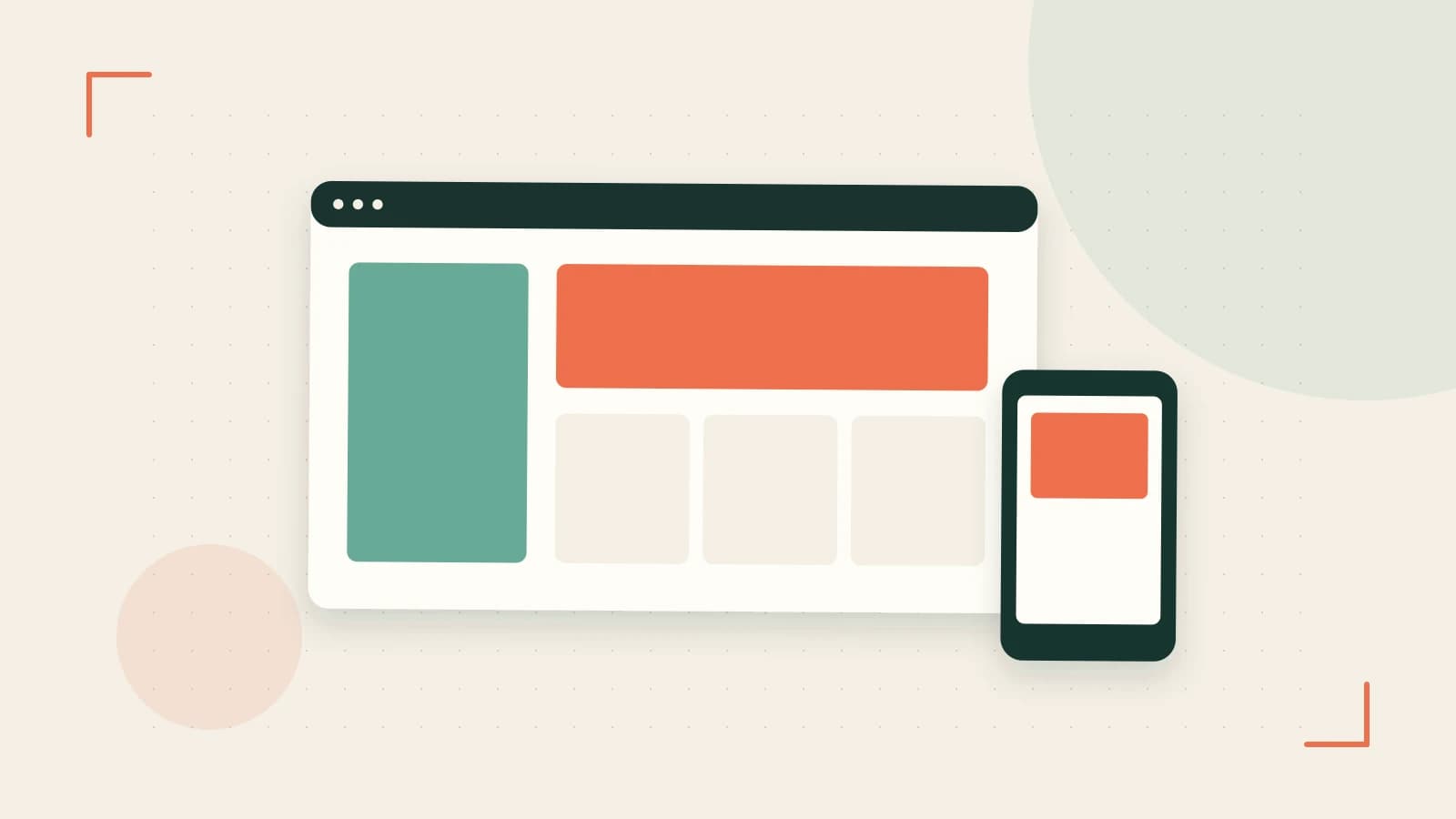 Editorial illustration of responsive browser layouts, overlapping design components and a color system