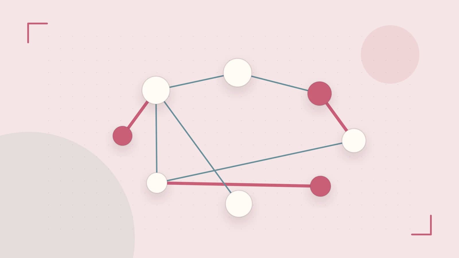 Editorial illustration of an algorithmic node graph with branching paths and a highlighted result