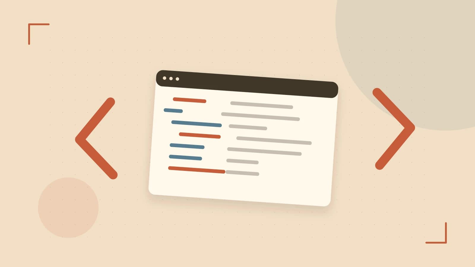 Editorial illustration of an abstract code editor, syntax blocks and oversized programming brackets