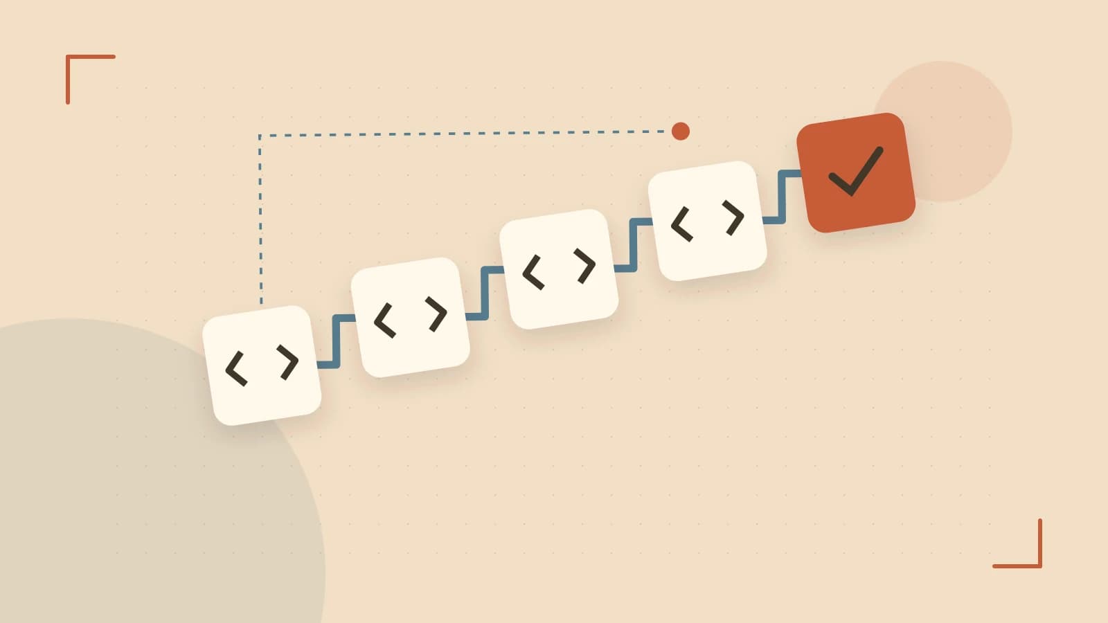 Editorial illustration of a branching build pipeline, staged transformations and a completed check