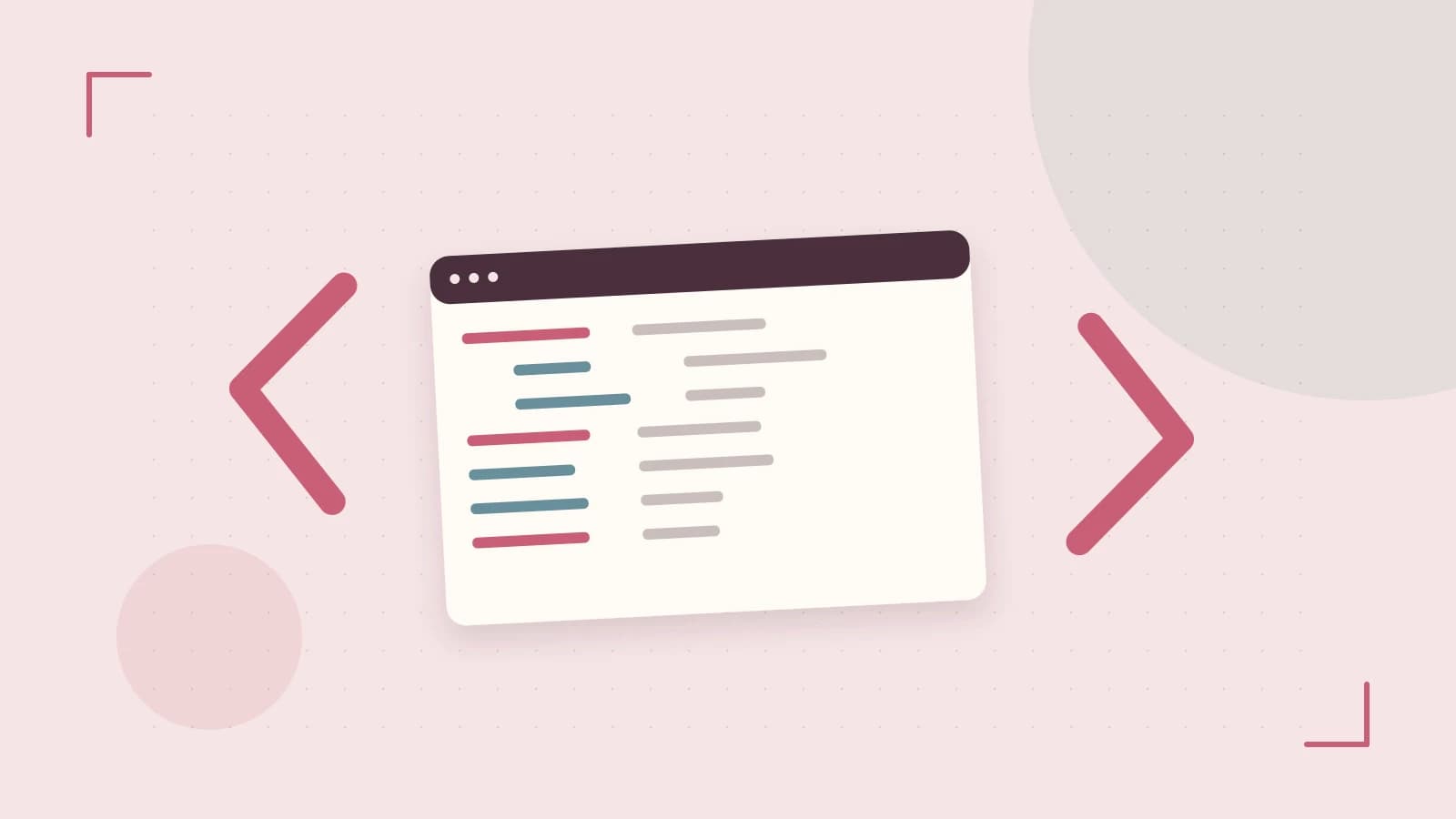 Editorial illustration of an abstract code editor, syntax blocks and oversized programming brackets