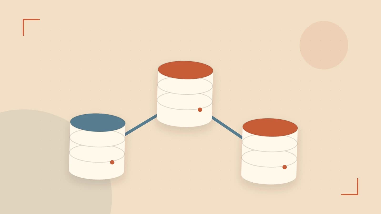 Editorial illustration of structured records, database cylinders and relationships between tables