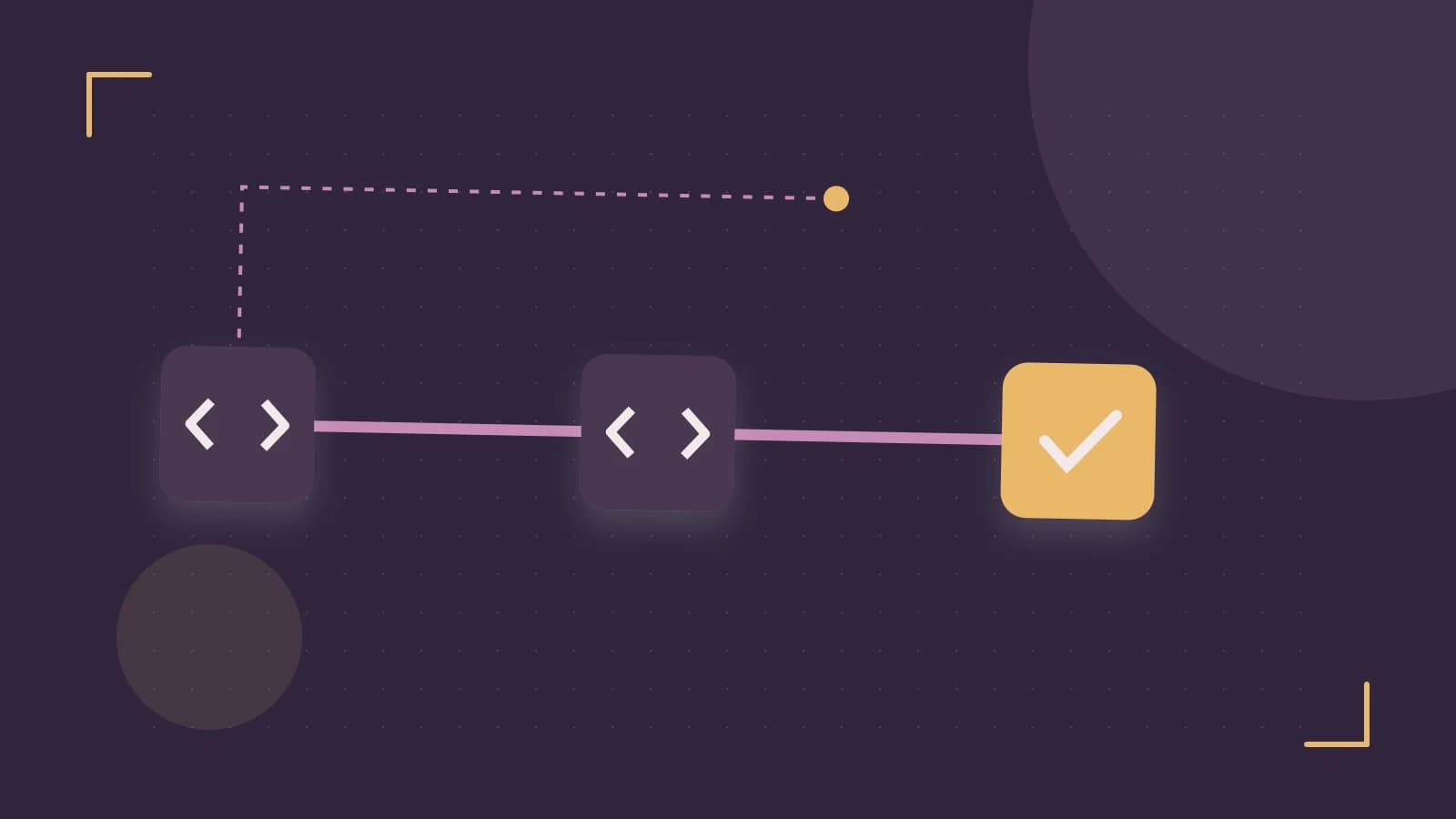 Editorial illustration of a branching build pipeline, staged transformations and a completed check