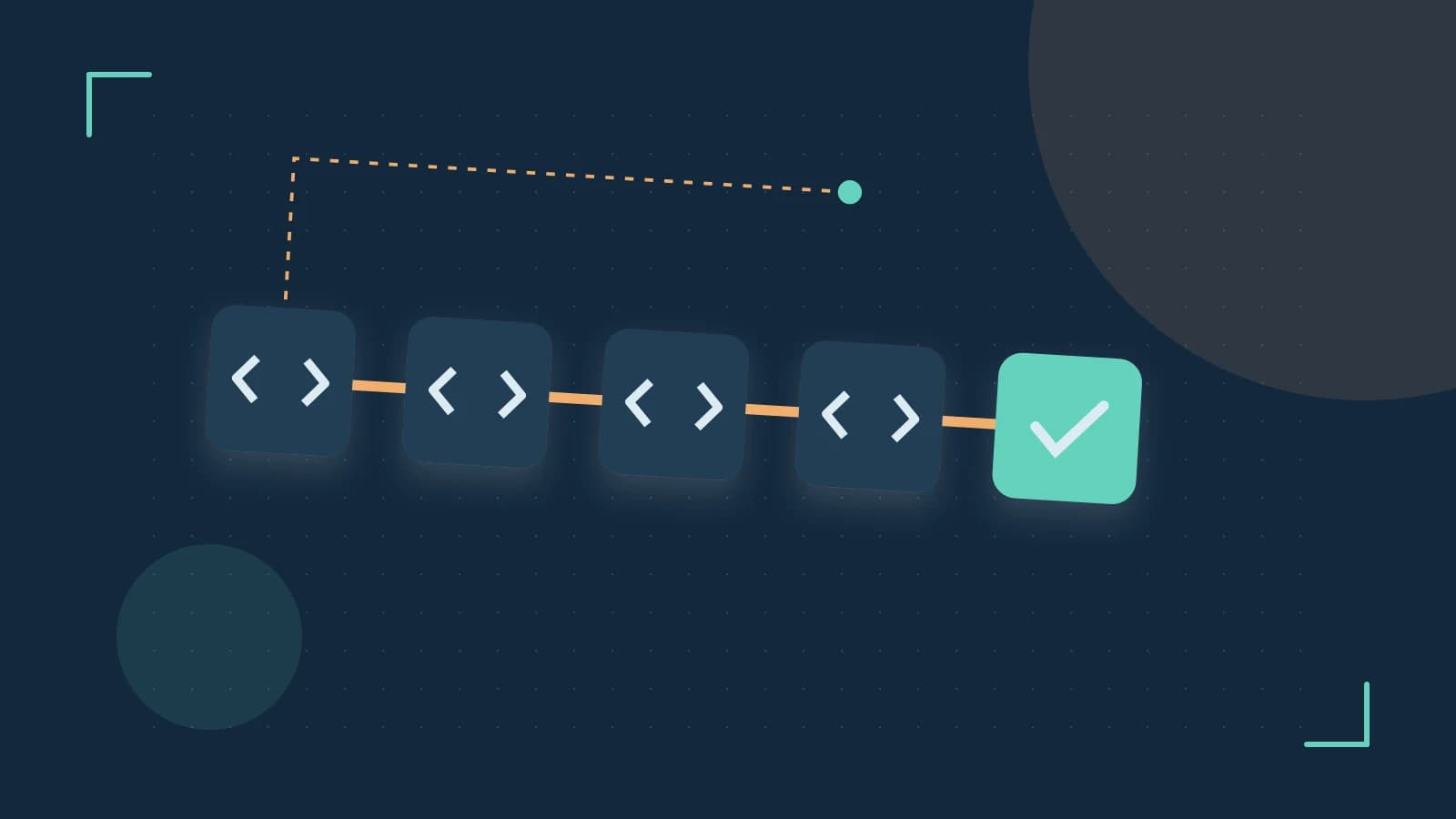 Editorial illustration of a branching build pipeline, staged transformations and a completed check