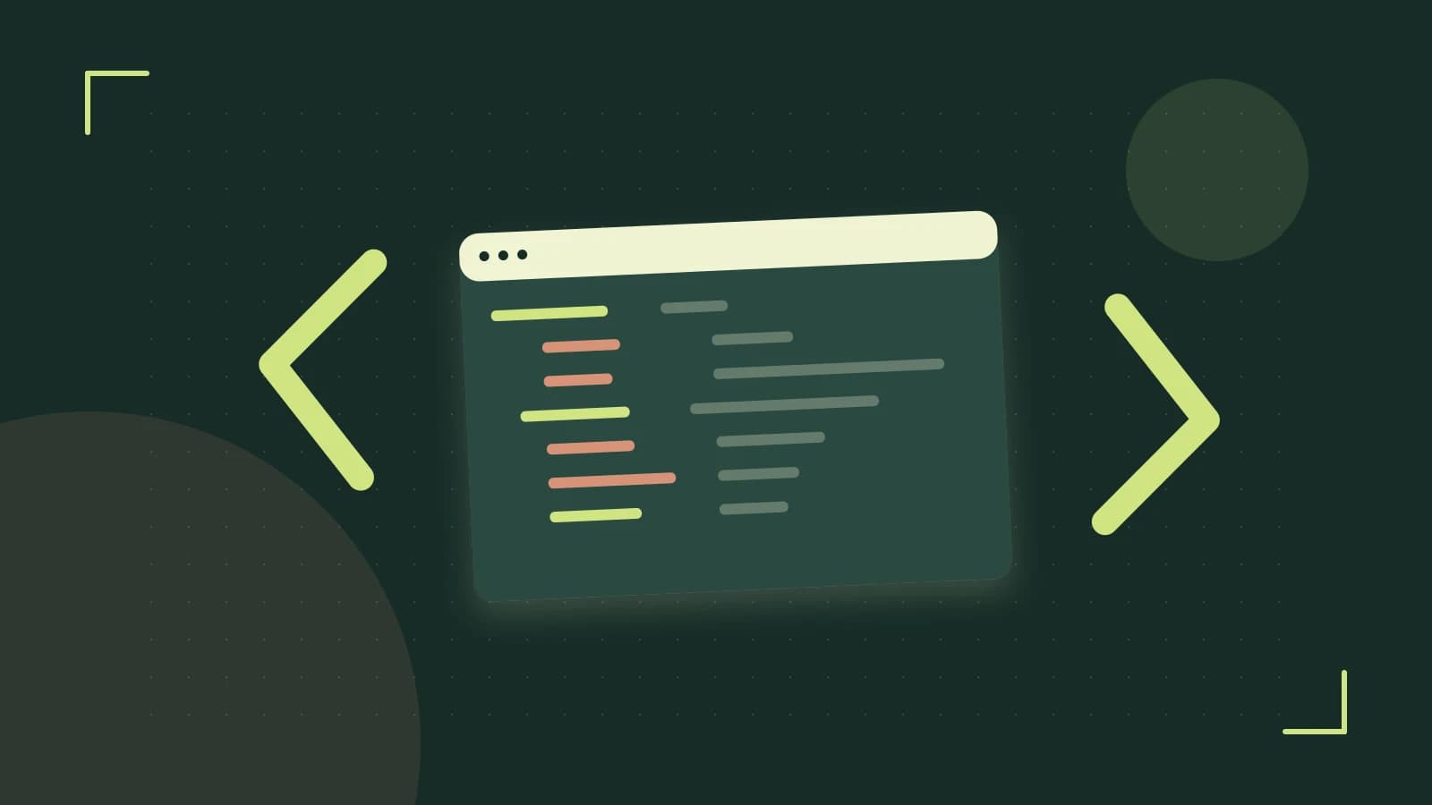 Editorial illustration of an abstract code editor, syntax blocks and oversized programming brackets