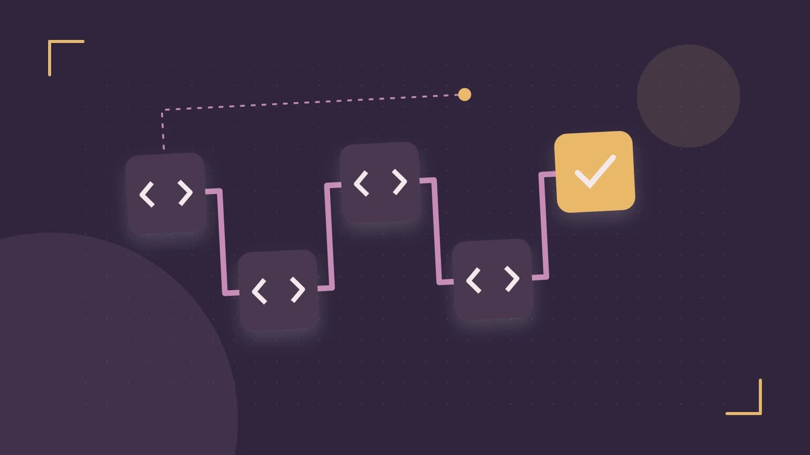 Editorial illustration of a branching build pipeline, staged transformations and a completed check