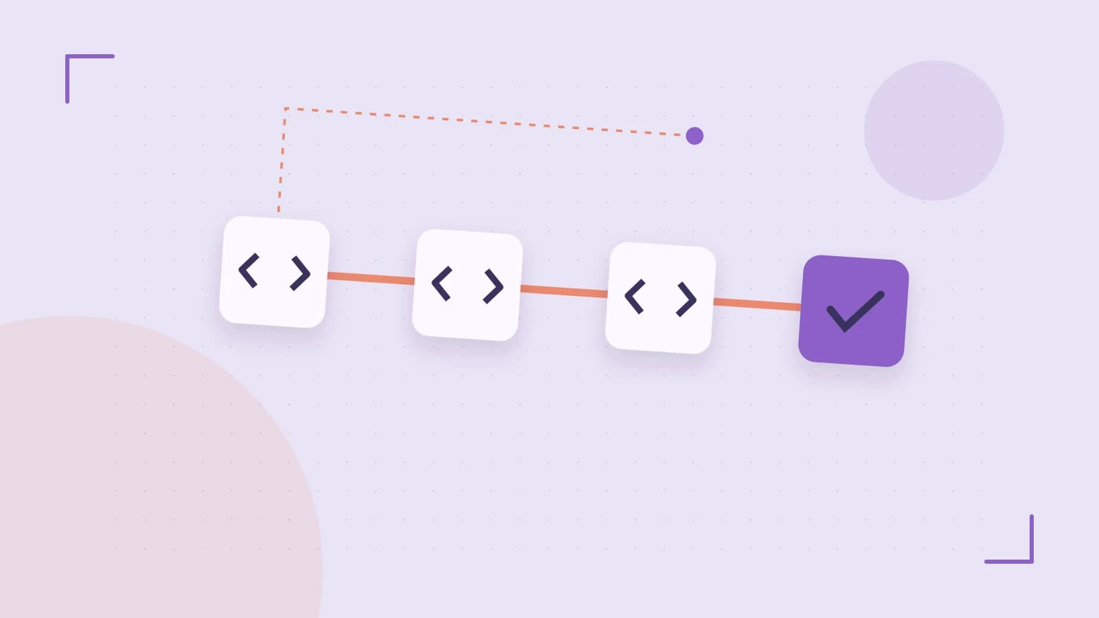 Editorial illustration of a branching build pipeline, staged transformations and a completed check