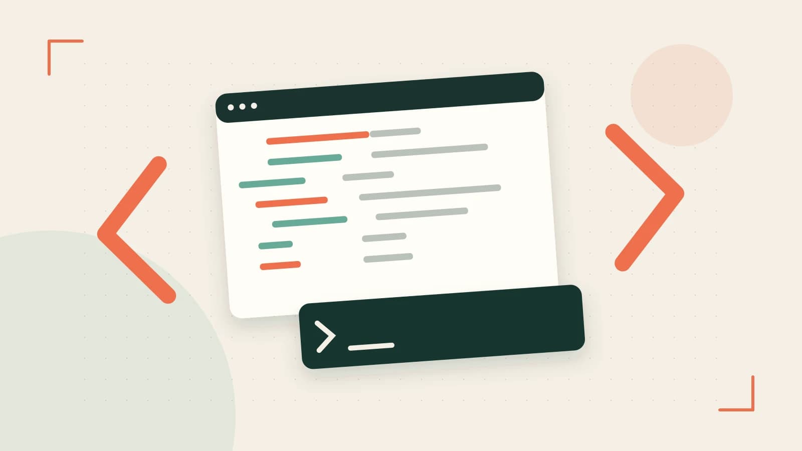 Editorial illustration of an abstract code editor, syntax blocks and oversized programming brackets