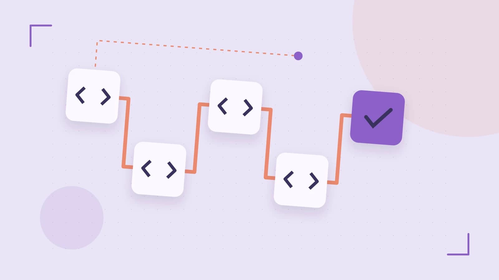 Editorial illustration of a branching build pipeline, staged transformations and a completed check