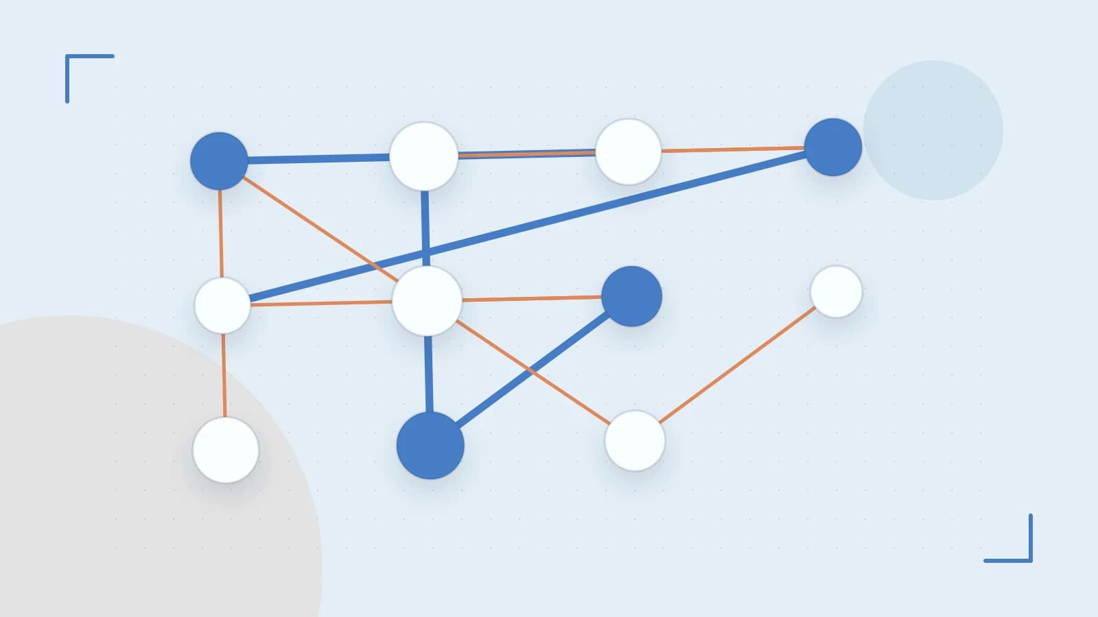 Editorial illustration of an algorithmic node graph with branching paths and a highlighted result