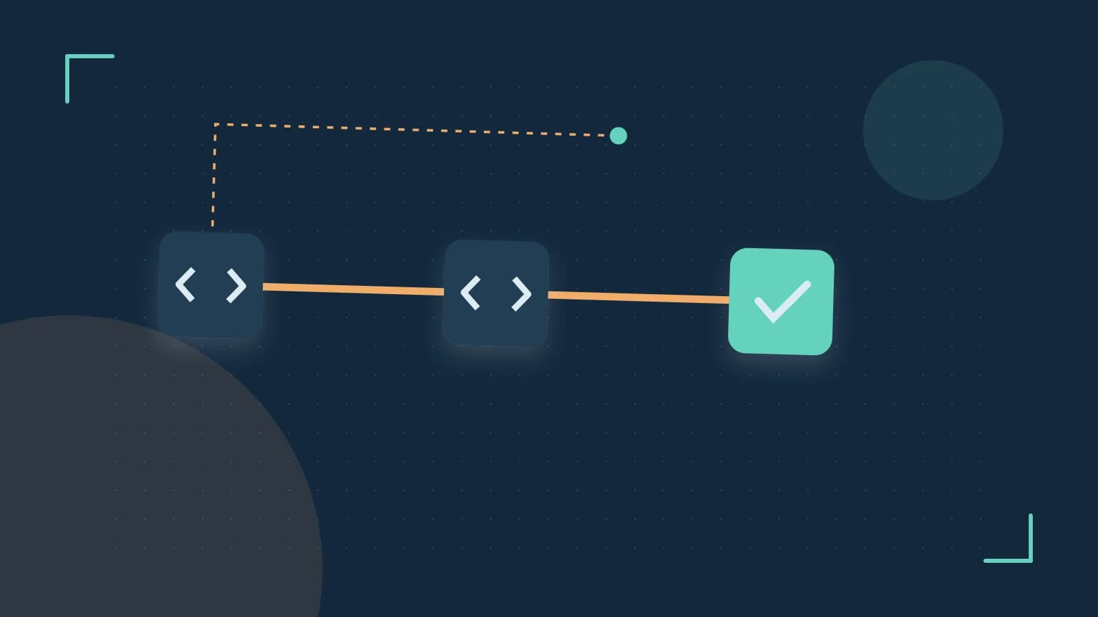 Editorial illustration of a branching build pipeline, staged transformations and a completed check