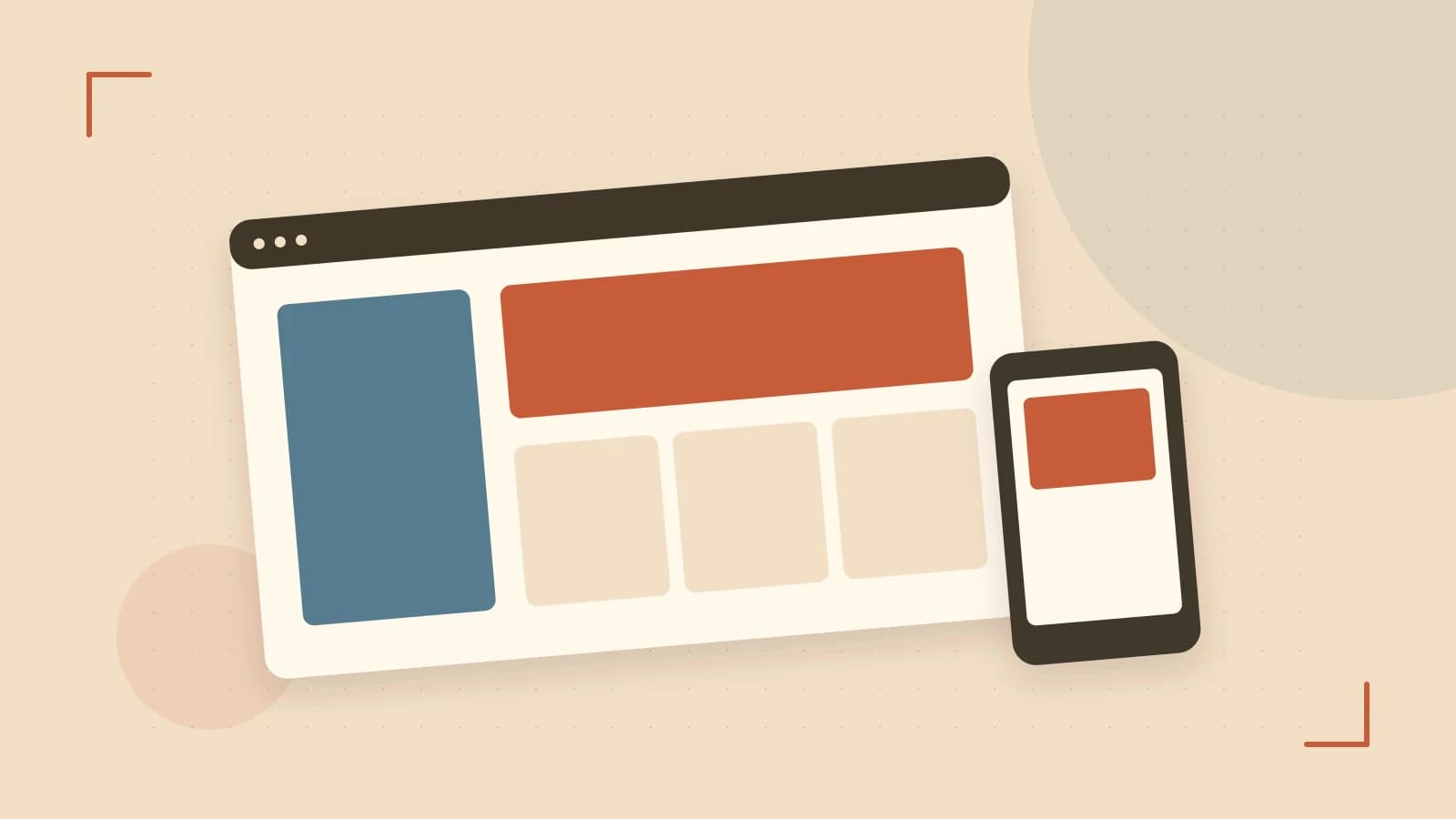 Editorial illustration of responsive browser layouts, overlapping design components and a color system