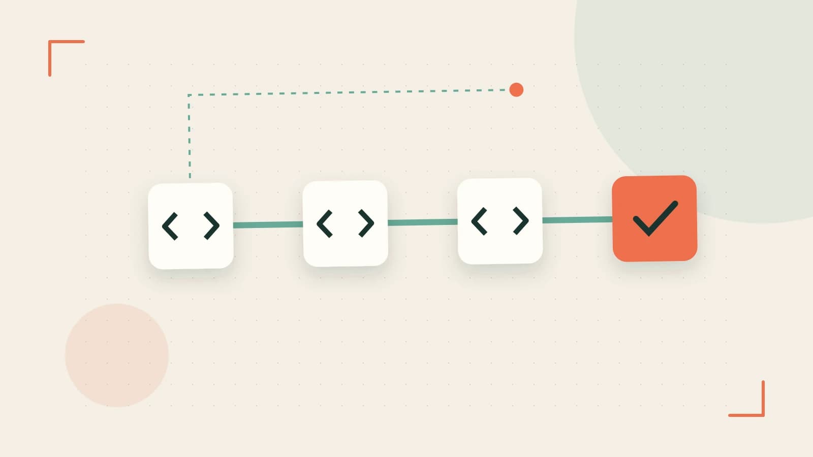Editorial illustration of a branching build pipeline, staged transformations and a completed check