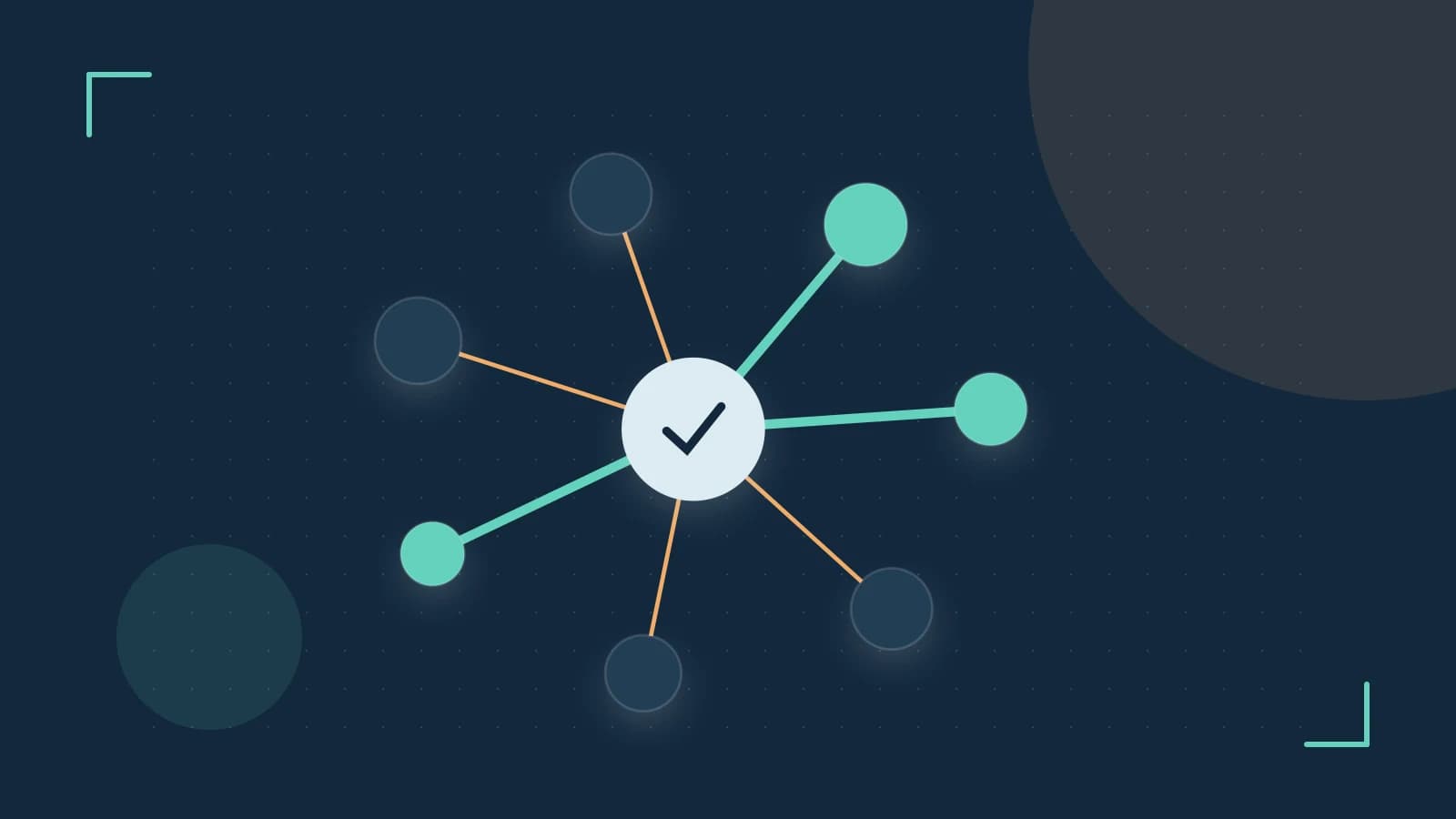 Editorial illustration of an algorithmic node graph with branching paths and a highlighted result