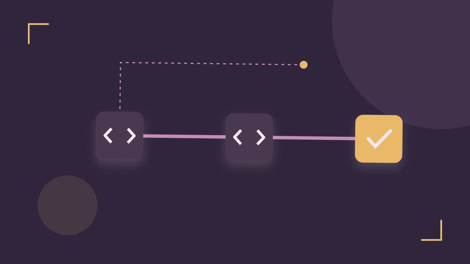 Editorial illustration of a branching build pipeline, staged transformations and a completed check