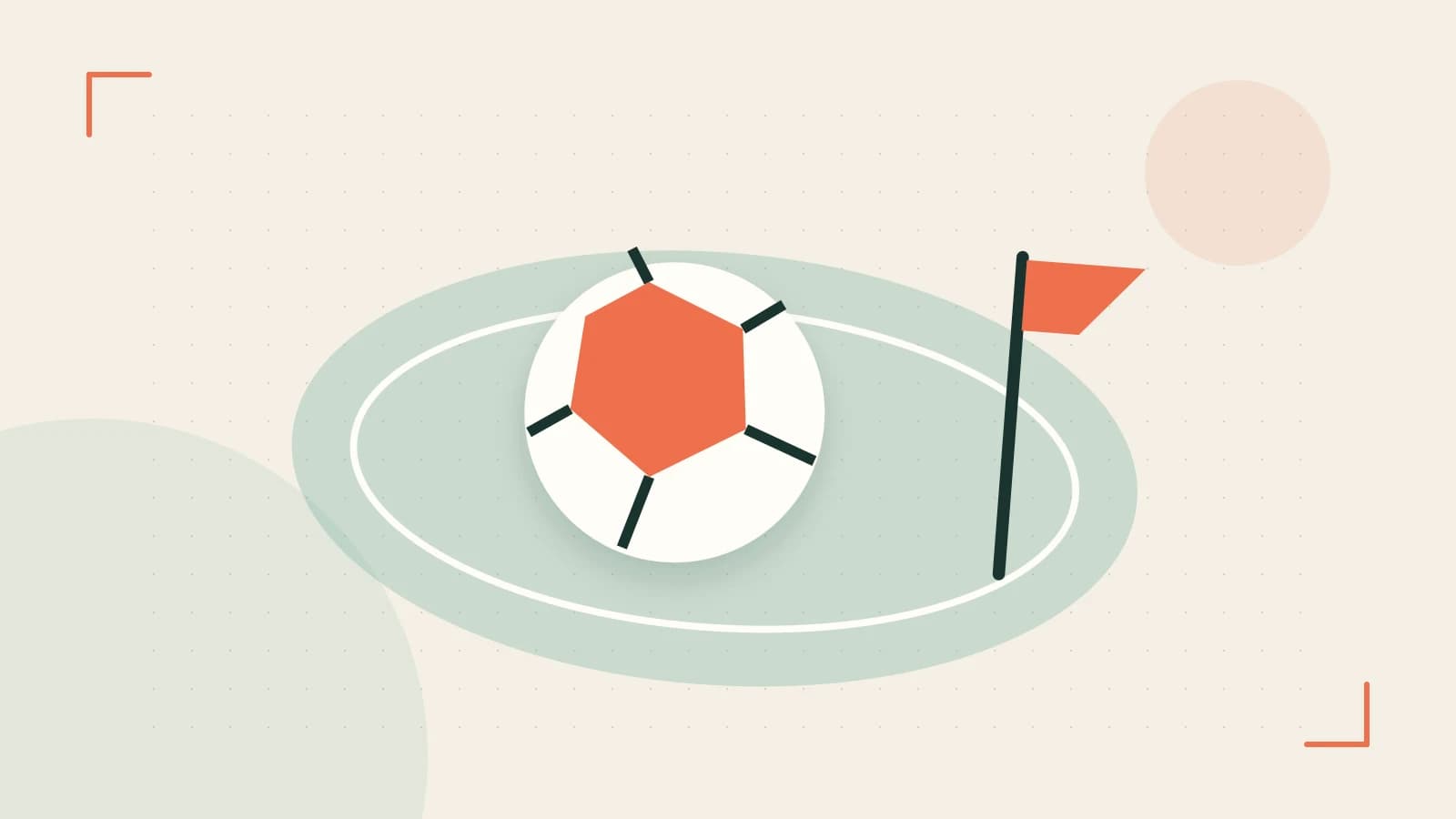 Editorial illustration of a stylized sports ball, stadium geometry and dynamic arcs