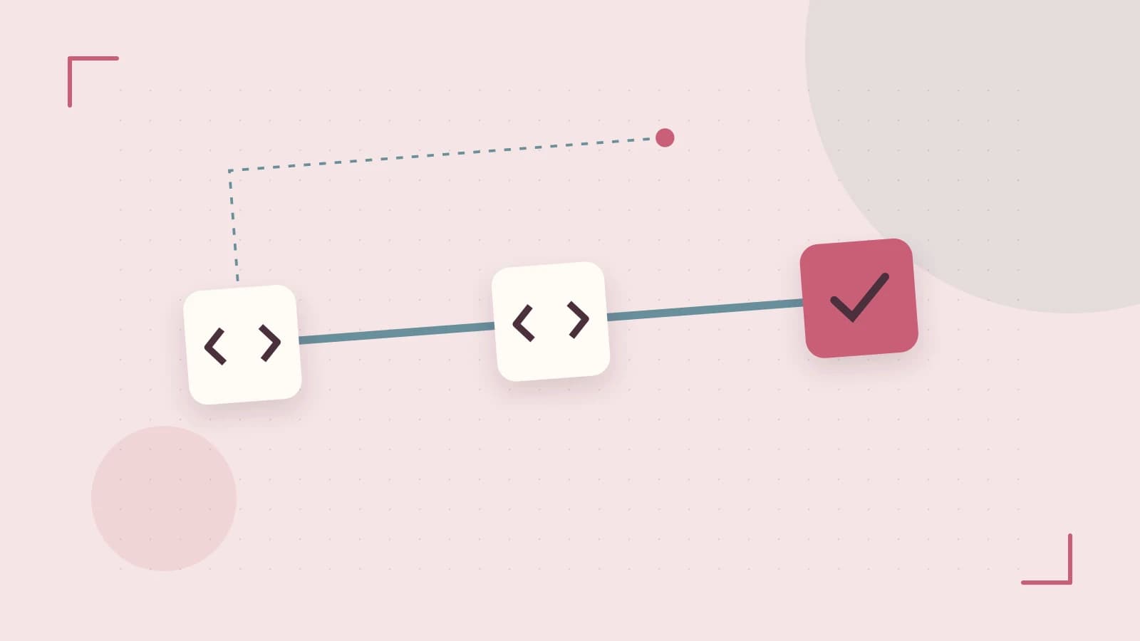 Editorial illustration of a branching build pipeline, staged transformations and a completed check