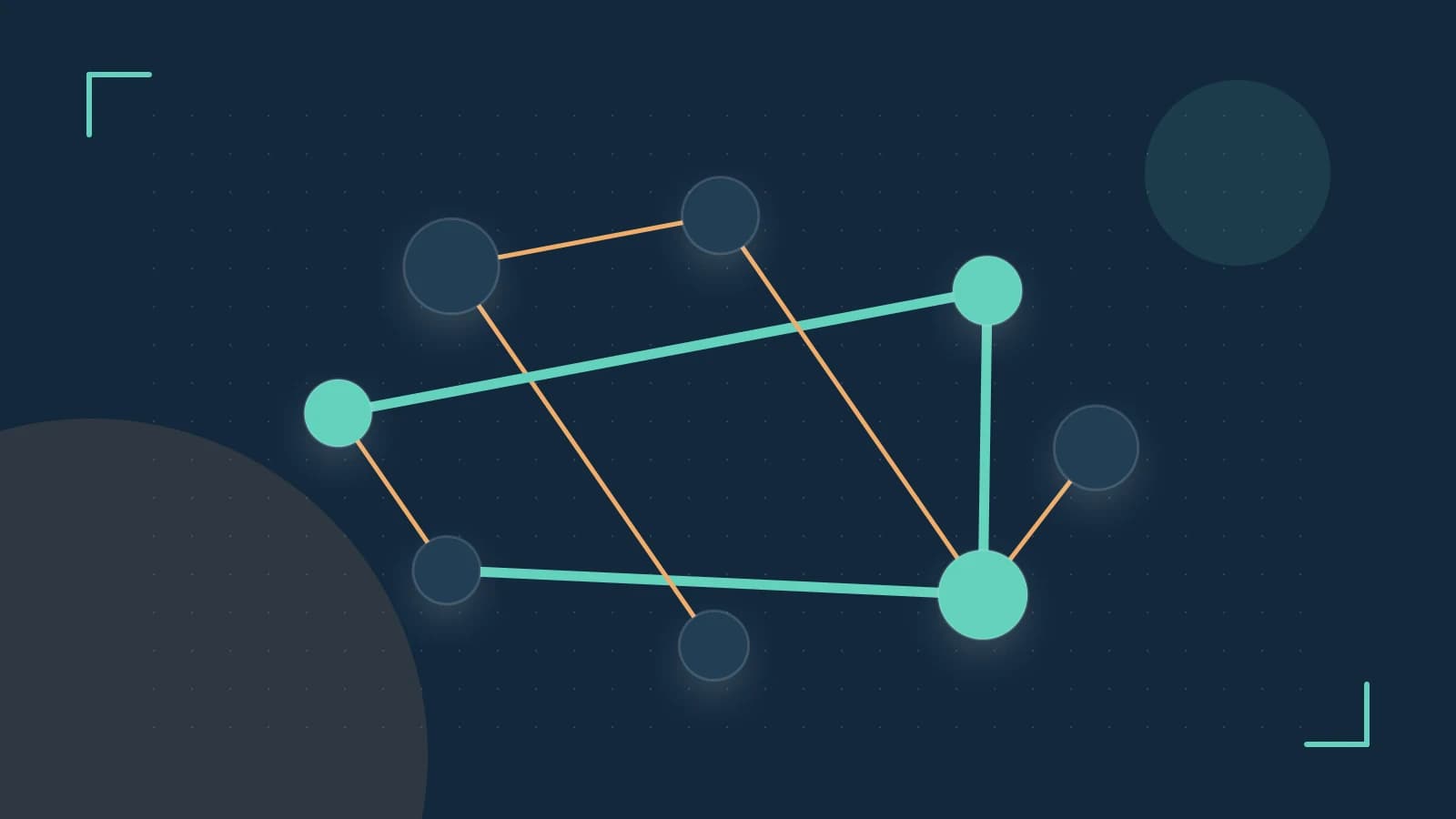 Editorial illustration of an algorithmic node graph with branching paths and a highlighted result