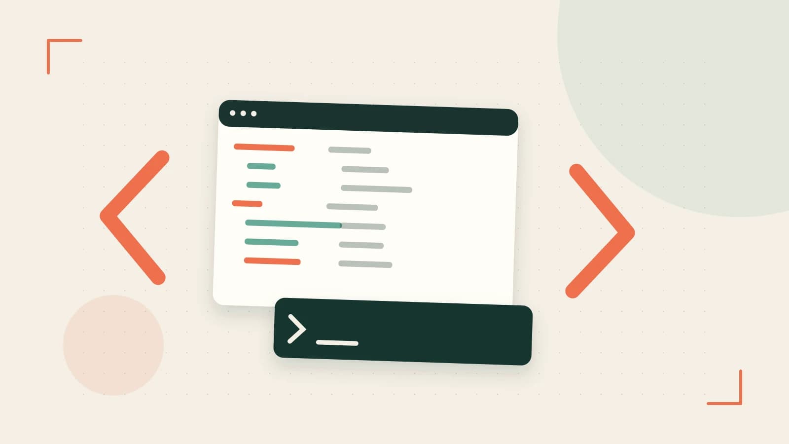Editorial illustration of an abstract code editor, syntax blocks and oversized programming brackets