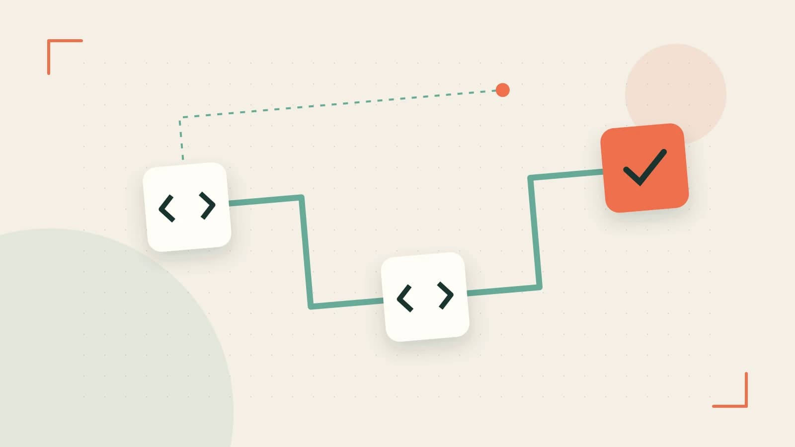 Editorial illustration of a branching build pipeline, staged transformations and a completed check