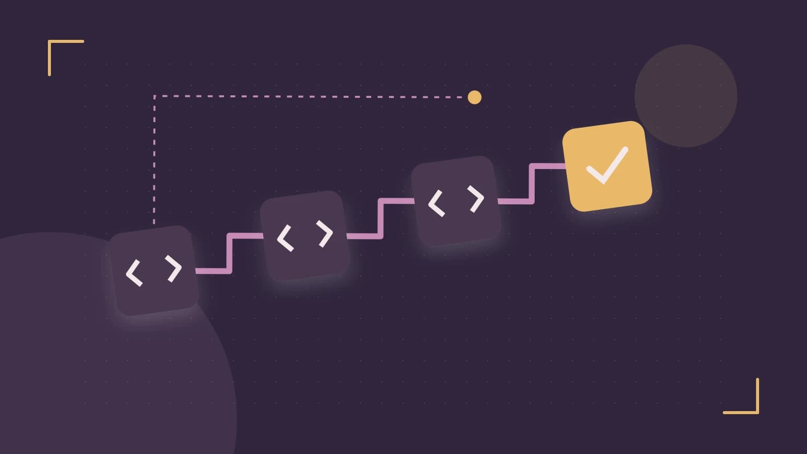 Editorial illustration of a branching build pipeline, staged transformations and a completed check