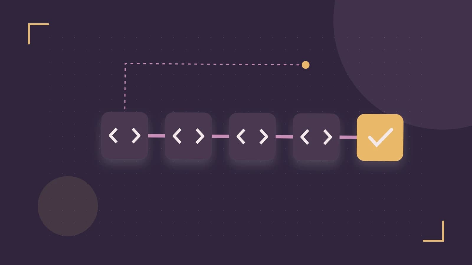 Editorial illustration of a branching build pipeline, staged transformations and a completed check