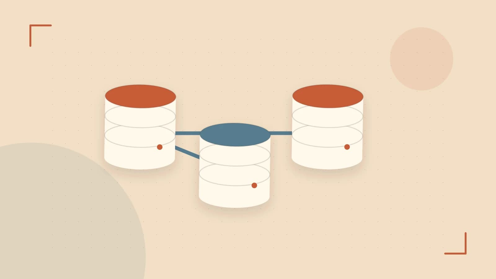 Editorial illustration of structured records, database cylinders and relationships between tables