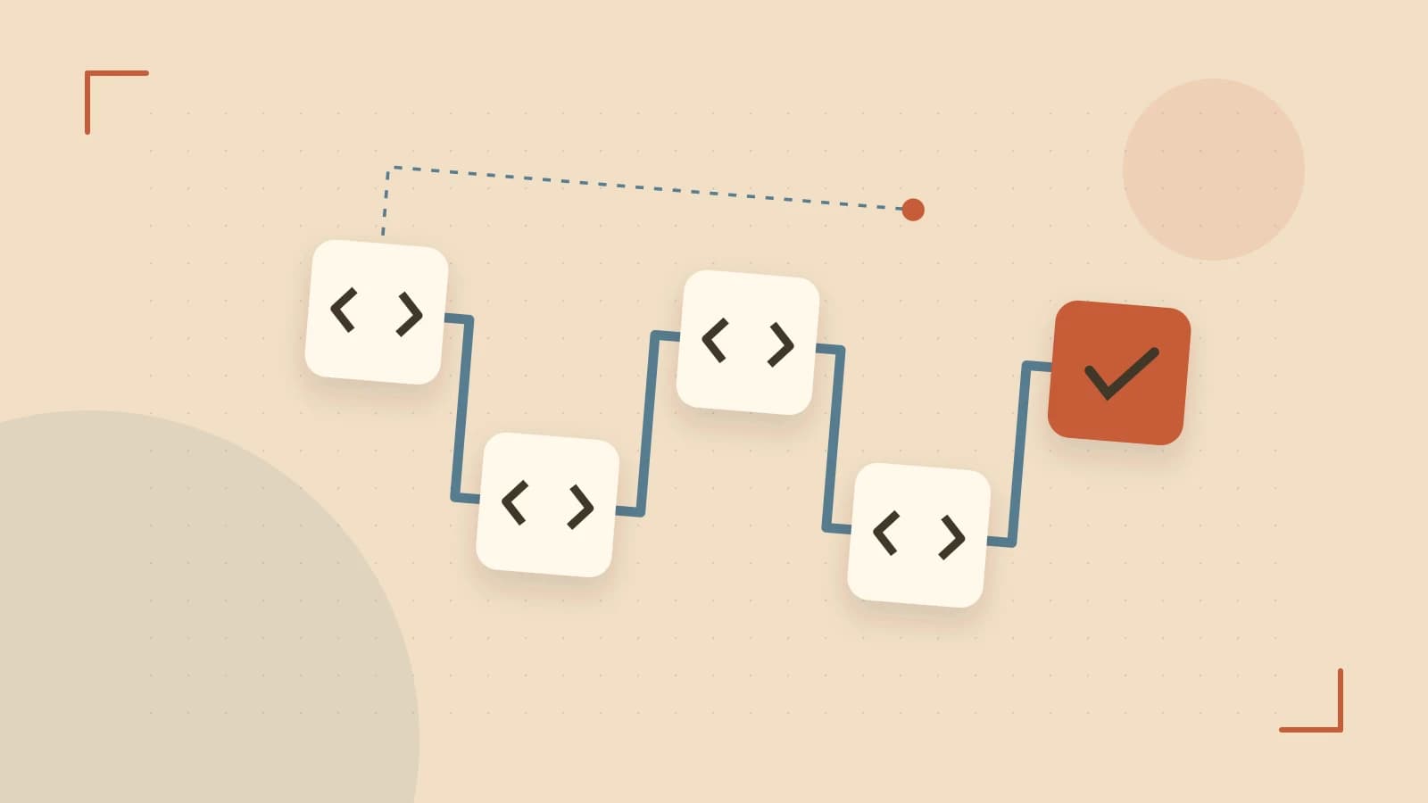 Editorial illustration of a branching build pipeline, staged transformations and a completed check