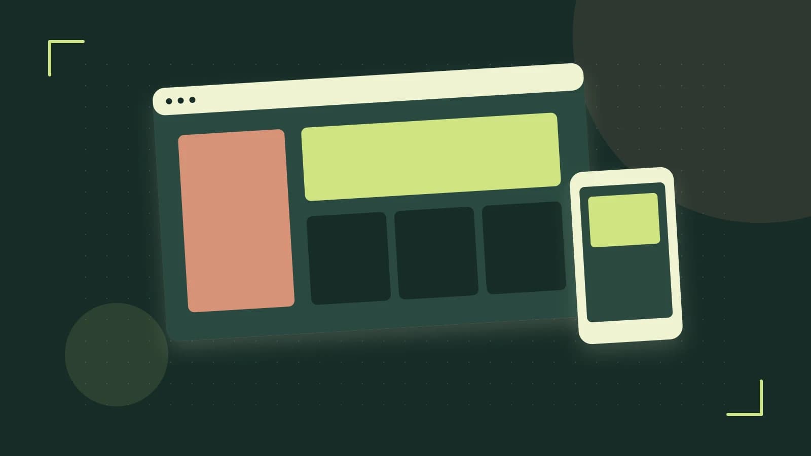 Editorial illustration of responsive browser layouts, overlapping design components and a color system