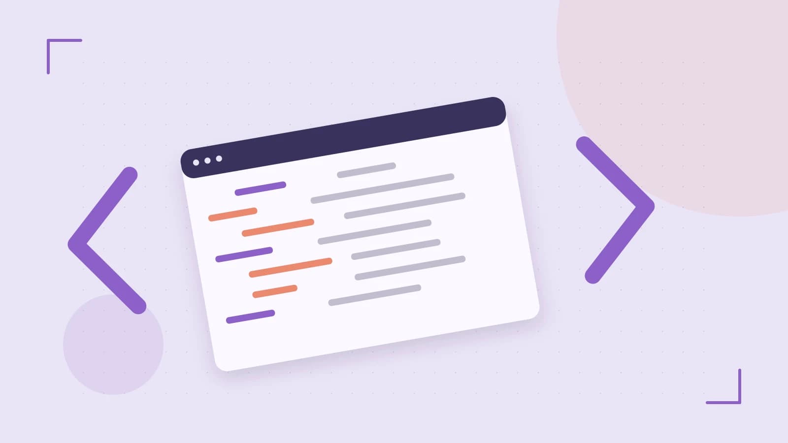 Editorial illustration of an abstract code editor, syntax blocks and oversized programming brackets