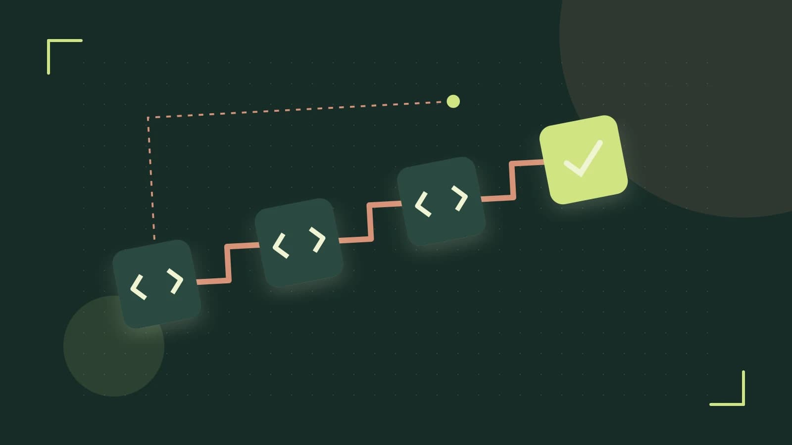 Editorial illustration of a branching build pipeline, staged transformations and a completed check