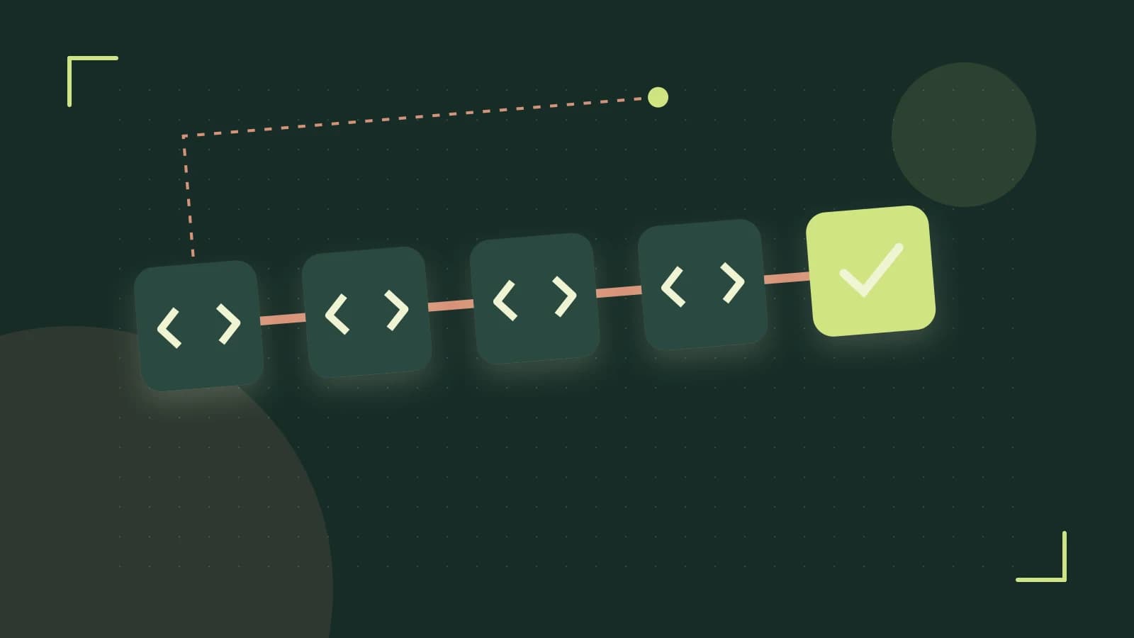 Editorial illustration of a branching build pipeline, staged transformations and a completed check
