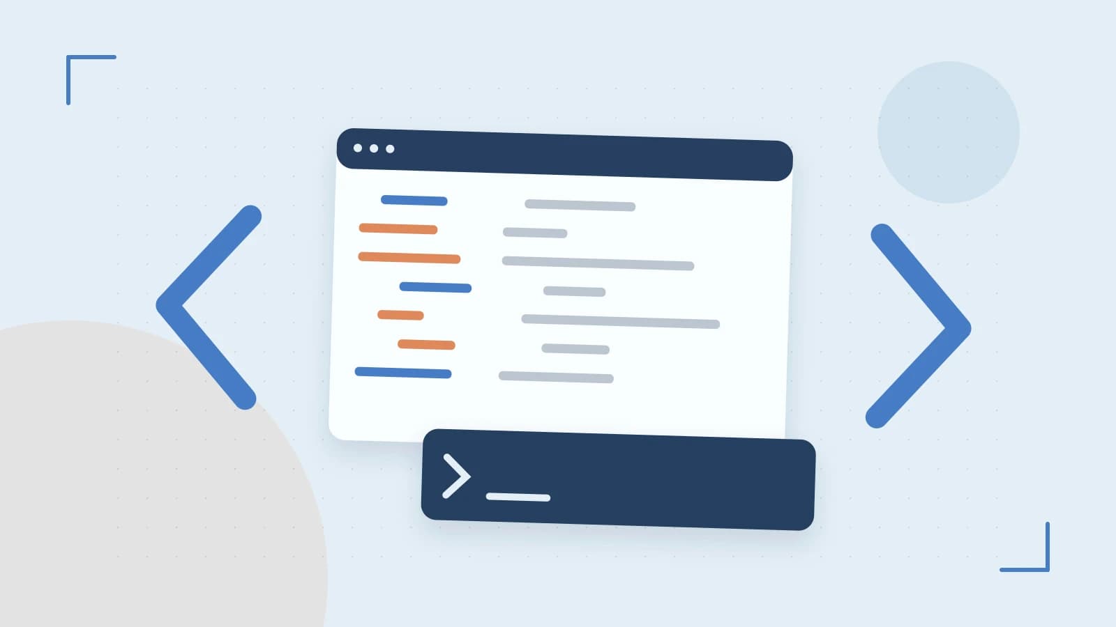 Editorial illustration of an abstract code editor, syntax blocks and oversized programming brackets