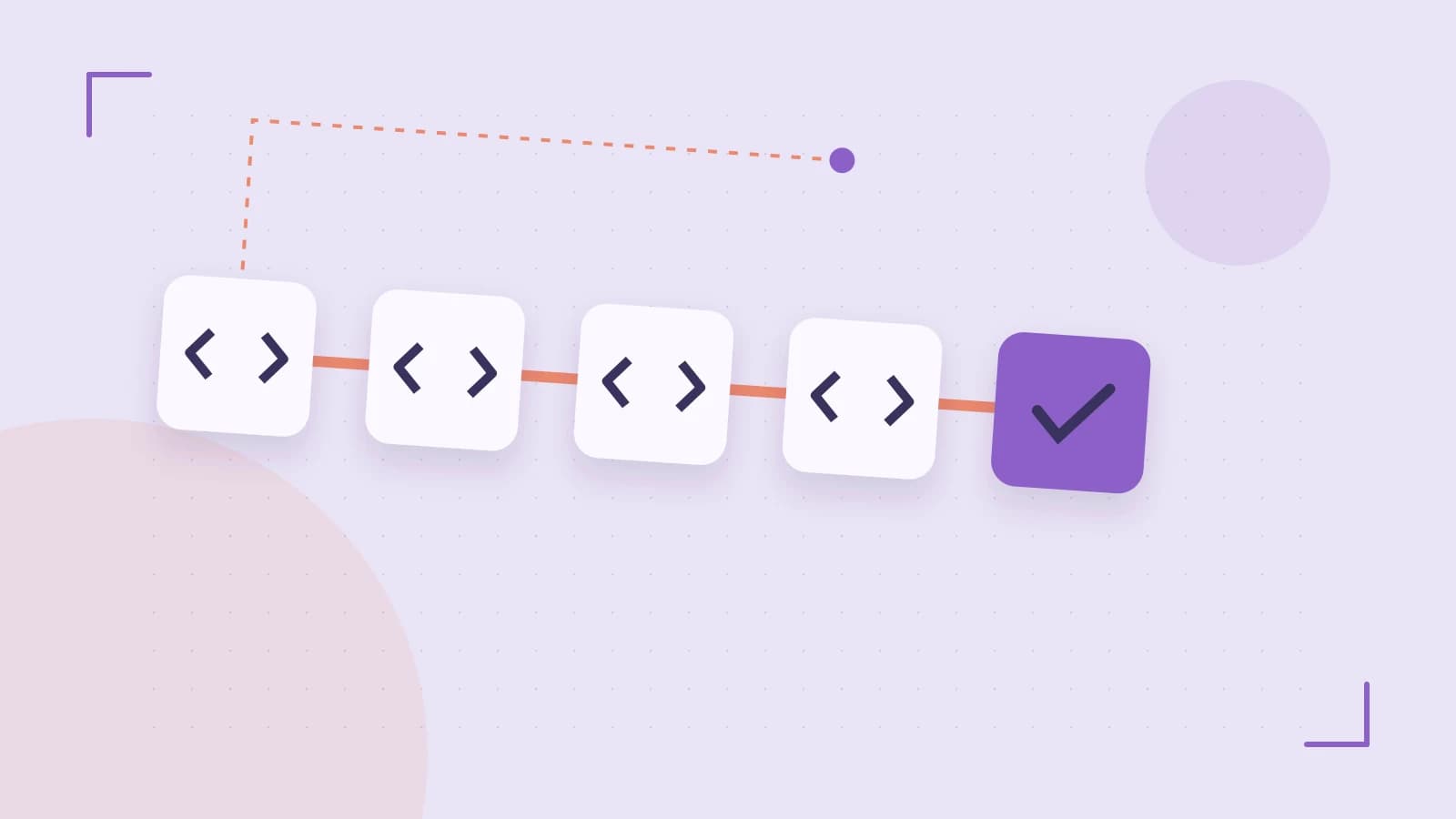 Editorial illustration of a branching build pipeline, staged transformations and a completed check