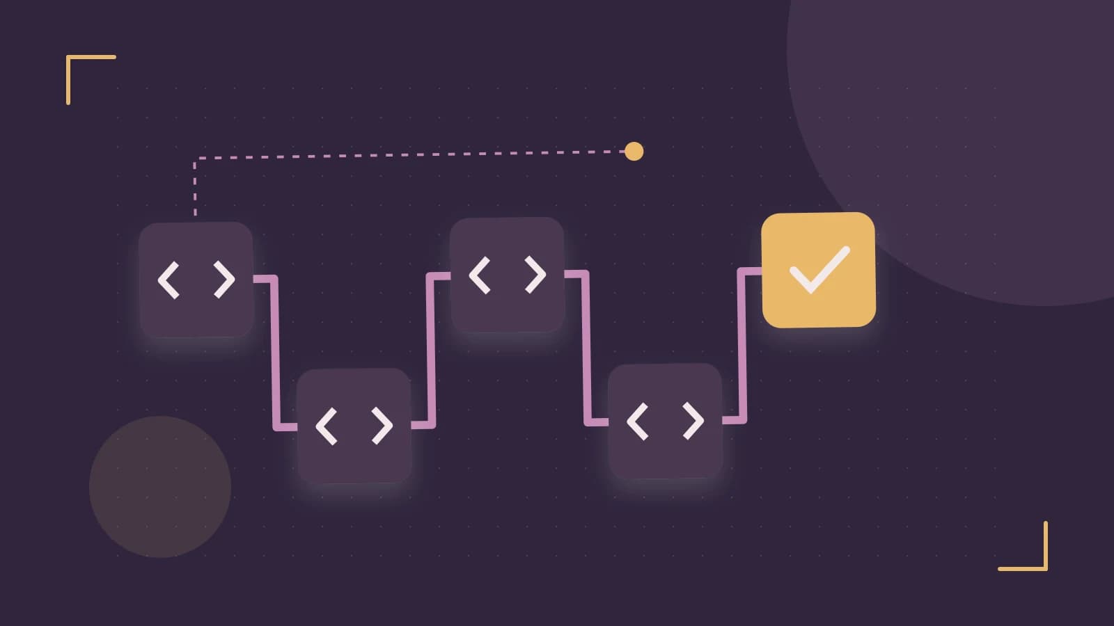 Editorial illustration of a branching build pipeline, staged transformations and a completed check