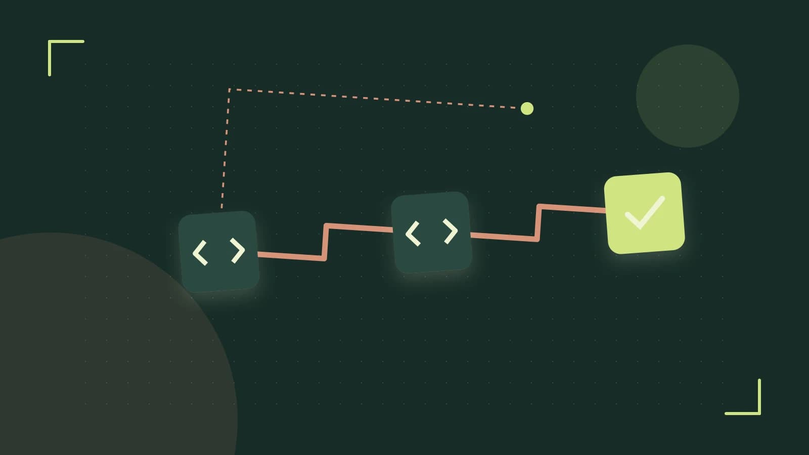 Editorial illustration of a branching build pipeline, staged transformations and a completed check