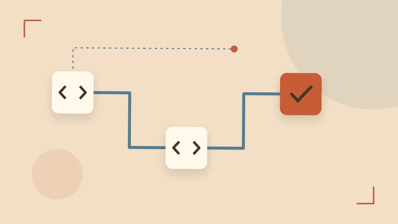 Editorial illustration of a branching build pipeline, staged transformations and a completed check
