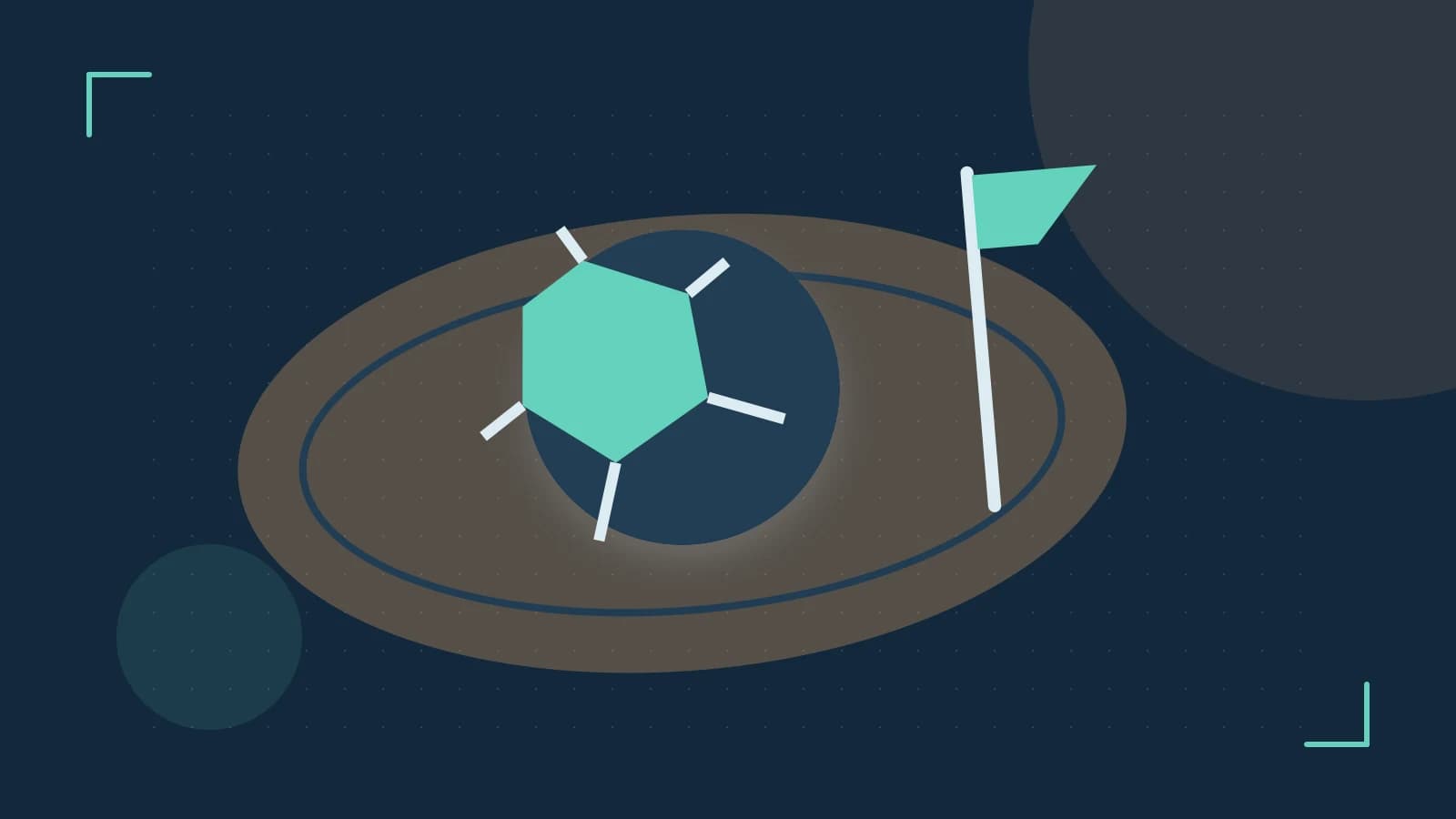 Editorial illustration of a stylized sports ball, stadium geometry and dynamic arcs