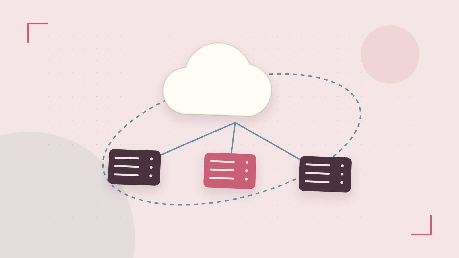 Editorial illustration of cloud infrastructure, connected server racks and an orbital service map