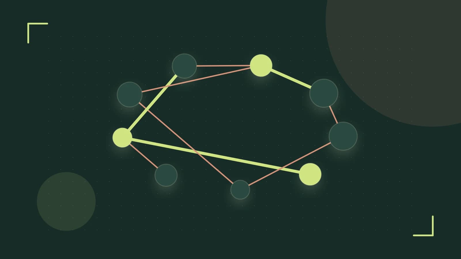 Editorial illustration of an algorithmic node graph with branching paths and a highlighted result